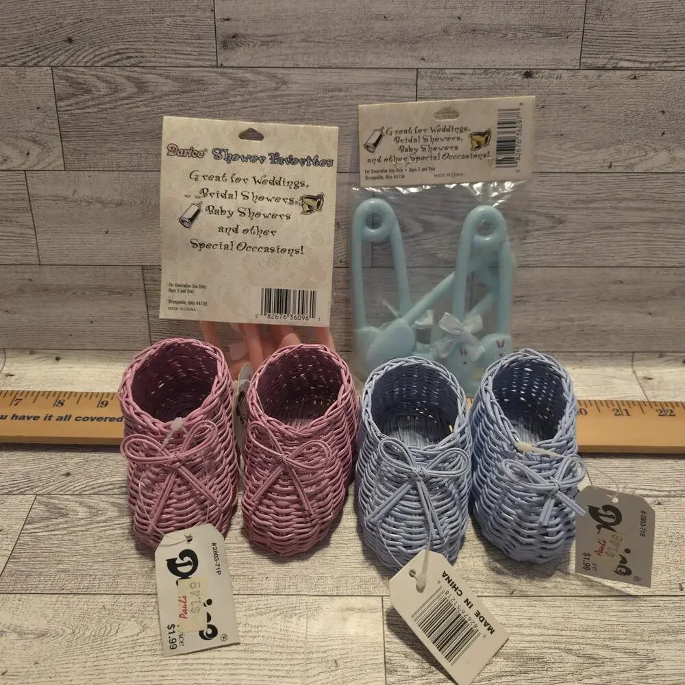 Vintage‎ Baby Shower Decor Plastic Diaper Pins Wicker Baby Shoes